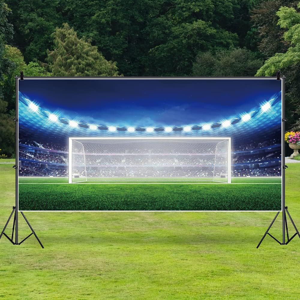 AOFOTO 20x10ft Soccer Field Background Football Pitch Goal Post Ball Game Stadium Spotlight Photography Backdrop Lawn Sports Club Fitness Player School Match Photo Studio Props Kid Boy Event Wallpaper