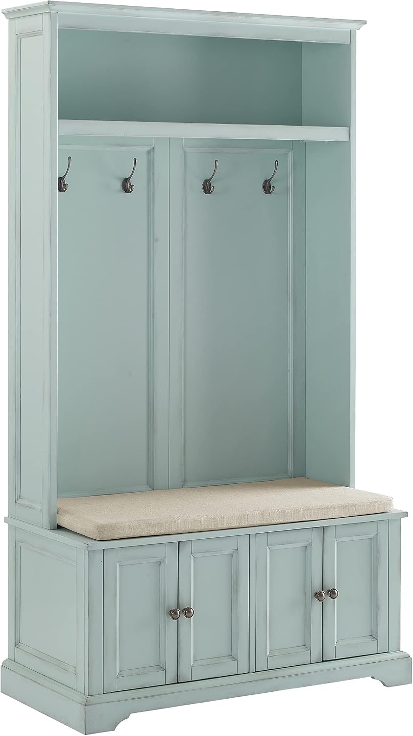 Crosley Furniture Holbrook Hall Tree with Shoe Rack Bench and Coat Hooks for Hanging Storage, Distressed Seafoam Blue