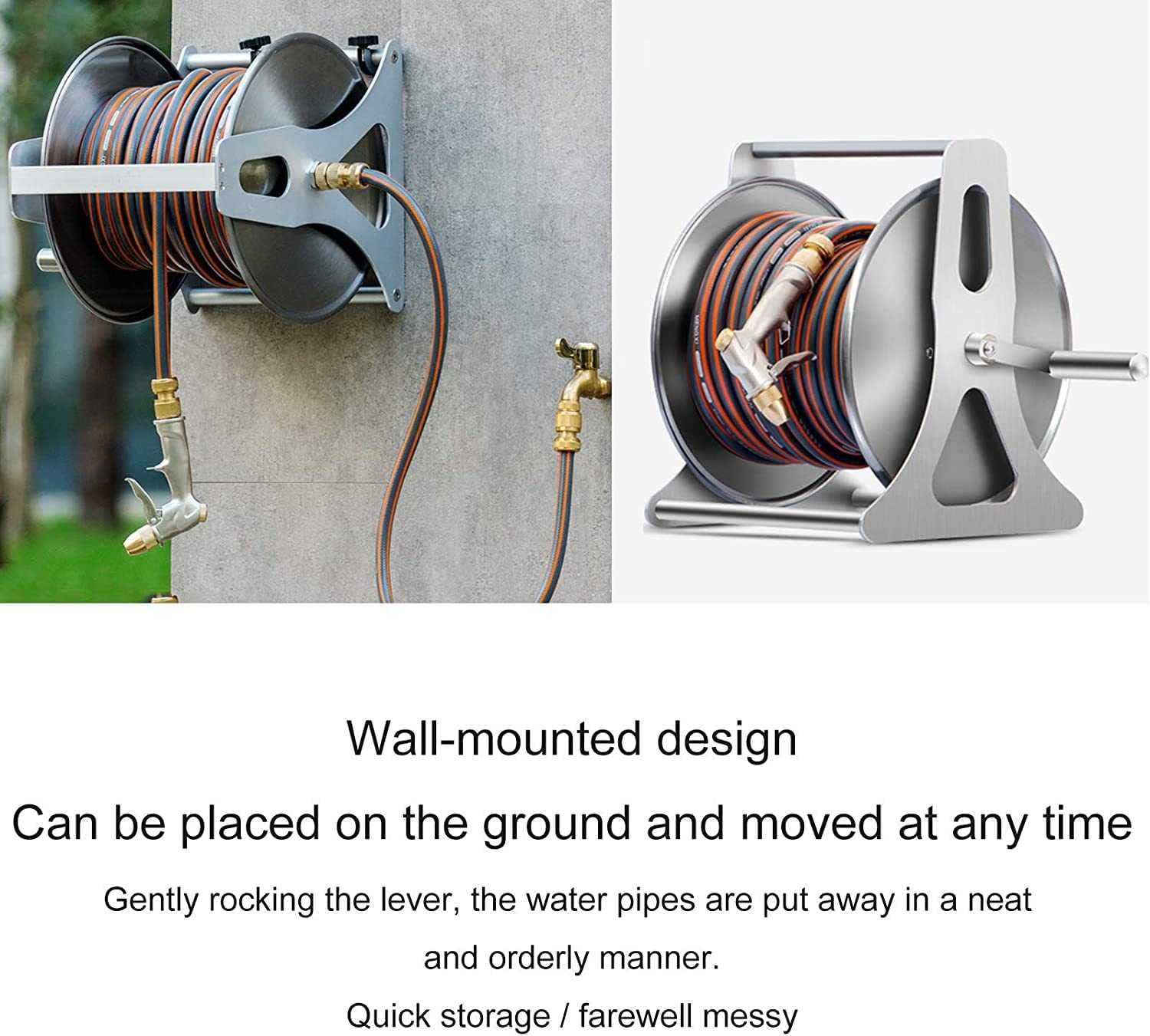 Removable Or Wall-Mounted Garden Hose Reel,Stainless Steel Metal Water Pipe Storage Rack Frame,Retractable Hose Winder Set,for Gardening Irrigation,Car Washing,Cleaning Windows and Doors