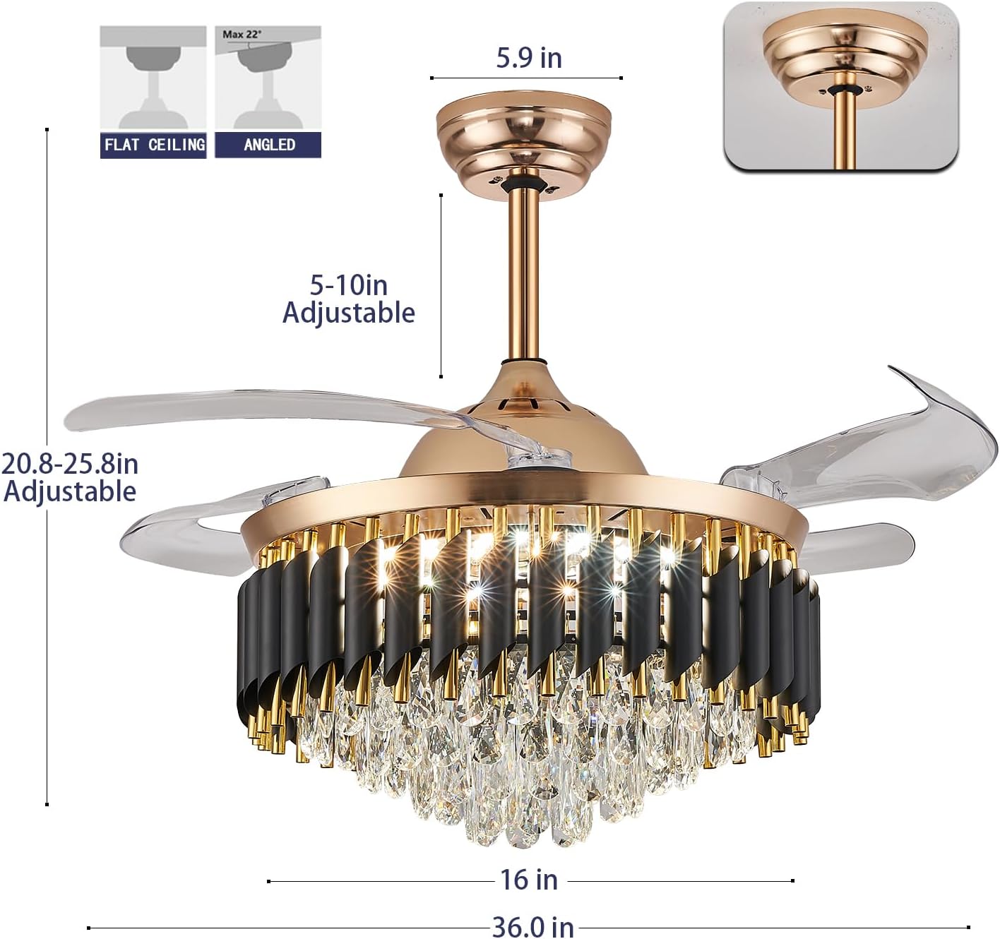 36' Dimmable Gold Fandelier Crystal Ceiling Fans with Lights and Remote Modern Retractable Blade Chandelier Ceiling Fans for Bedroom Dinning Room Living Room