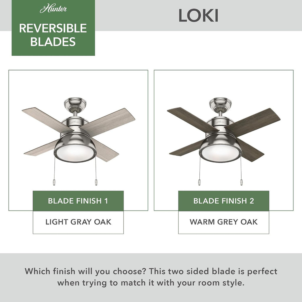Hunter 36 inch Small Indoor Ceiling Fan with LED Light and Pull Chain - Standard Mount Ceiling Fan, 4 Blades, For Bedroom, Home Office, or Laundry Room, Quiet - Loki 51040, Brushed Nickel