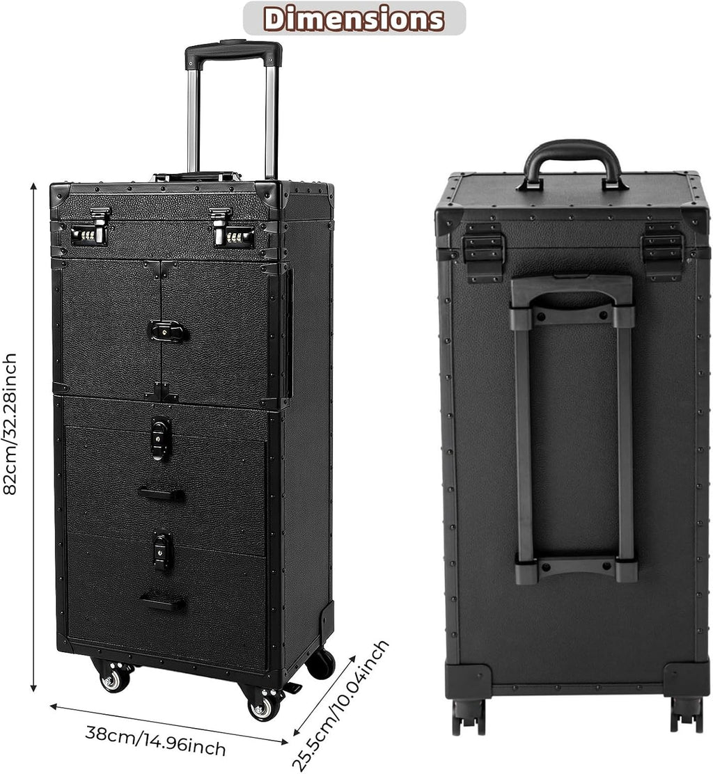 Rolling Makeup Case with Wheels and Locks, Cosmetology Case Makeup Train Case for Salon Barber, Hairdressing Rolling Case Trolley with Hair Dryer Holder and Extendable Tray