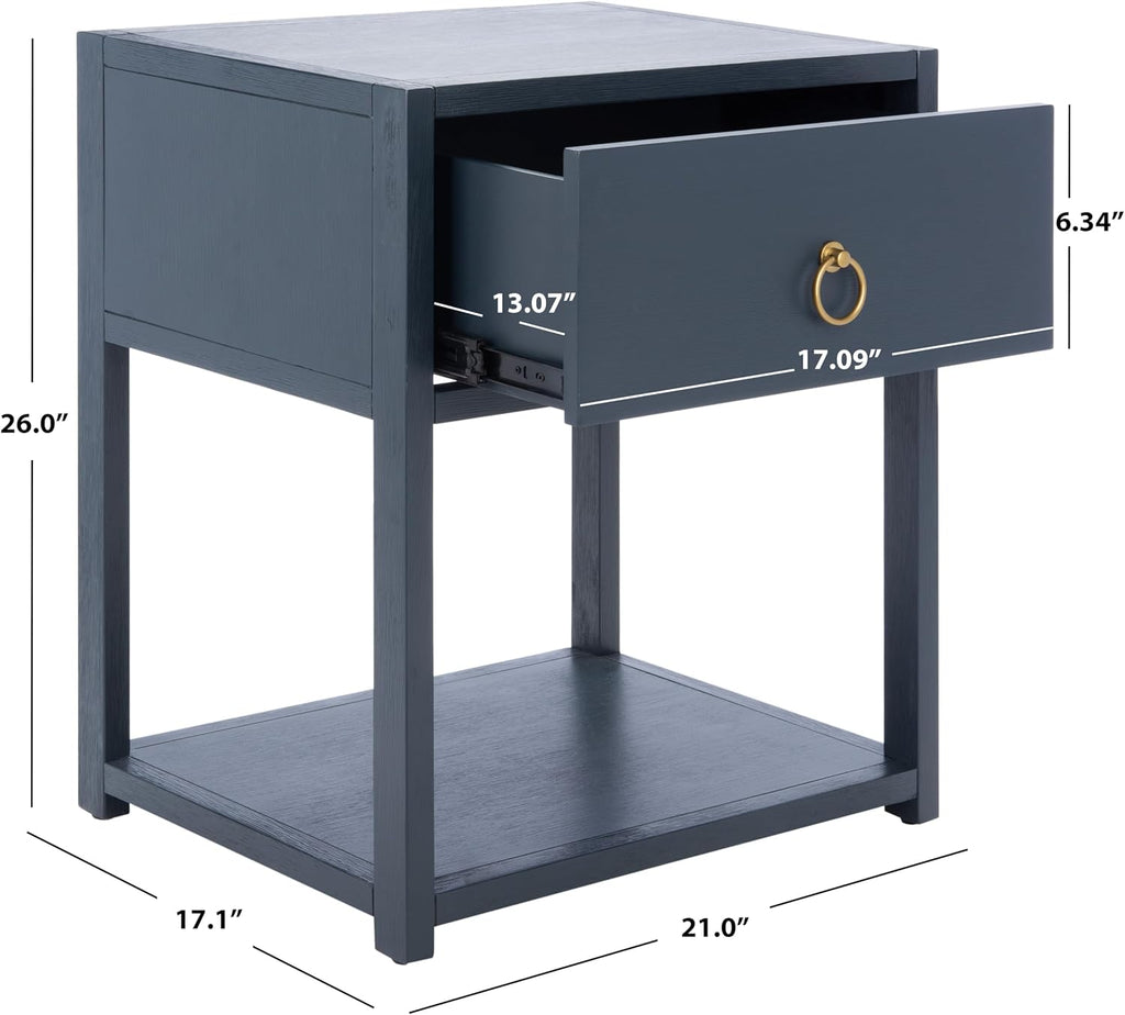 SAFAVIEH Furniture - Sadie 1-Drawer Nightstand - Navy - Wood - Glam Gold Hardware Design - Ideal for Bedroom, 21'W x 17.2'D x 26'H - Fully Assembled (NST9201A)