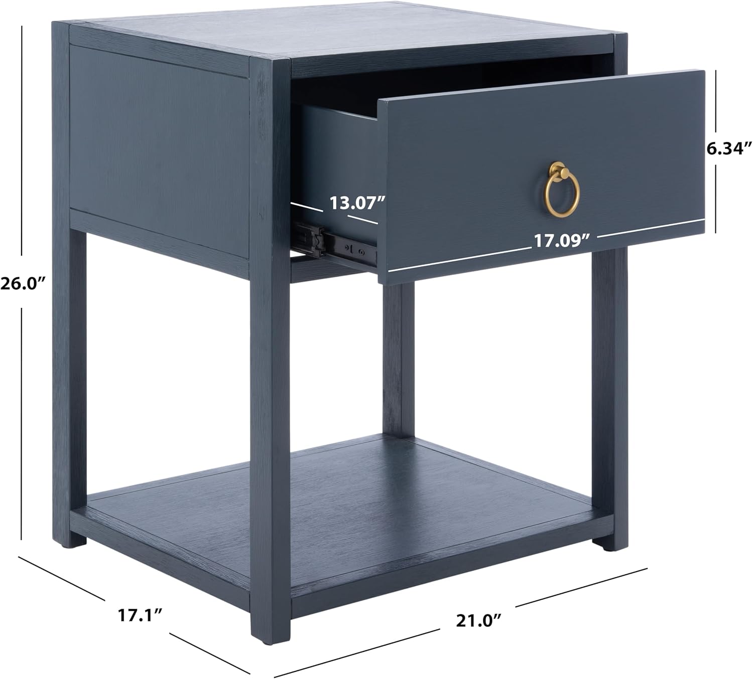 SAFAVIEH Furniture - Sadie 1-Drawer Nightstand - Navy - Wood - Glam Gold Hardware Design - Ideal for Bedroom, 21'W x 17.2'D x 26'H - Fully Assembled (NST9201A)