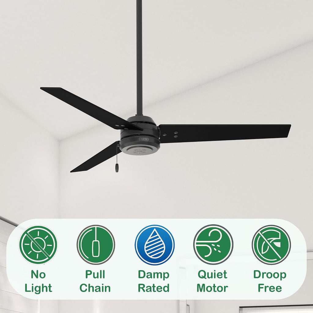 Hunter 52 in. Outdoor Industrial Ceiling fan in Matte Black, 3-Blade (Renewed)