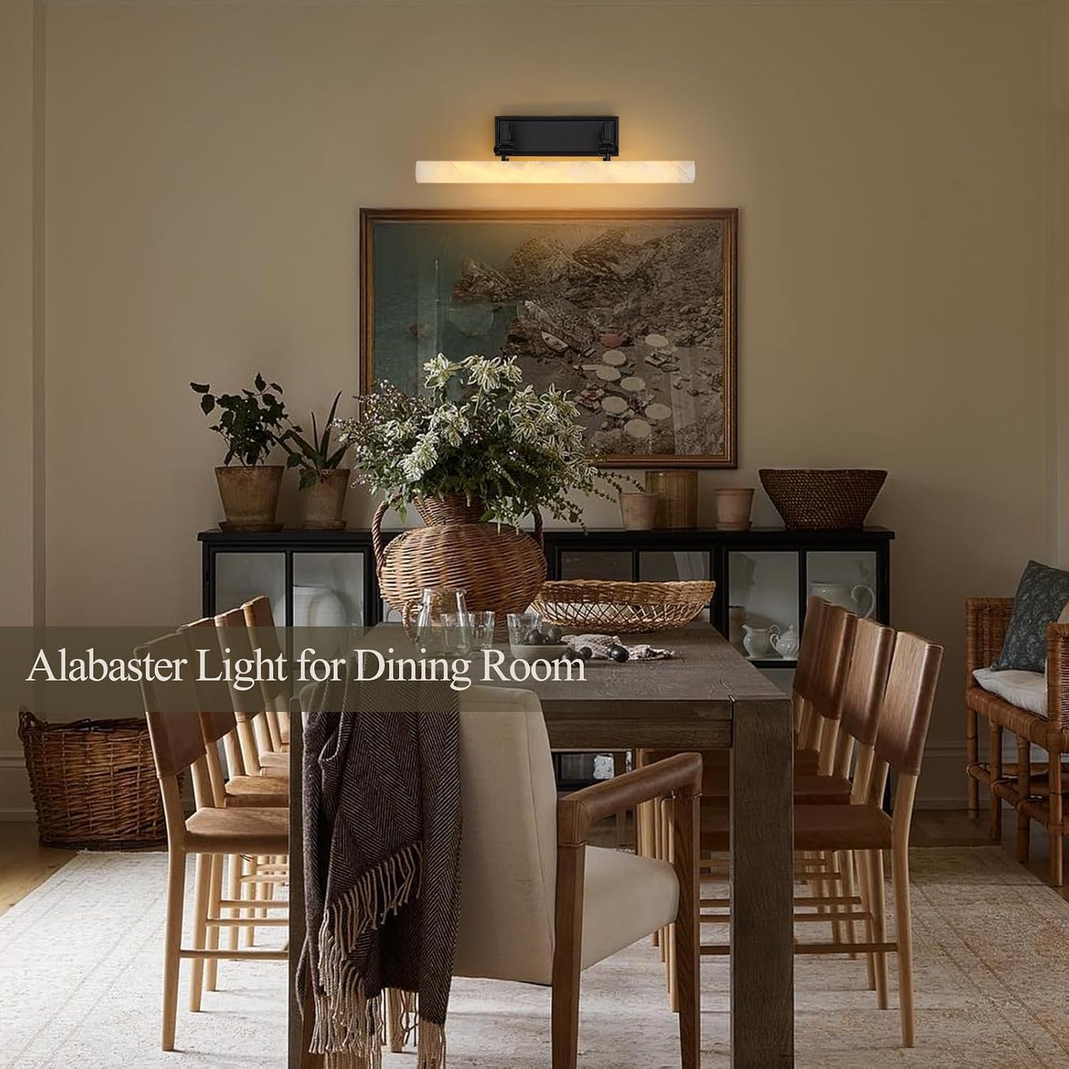 Alabaster Picture Lights for Wall, 20in Spanish Marble Picture Light Hardwired, Black Vanity Lights for Bathroom, Dimmable Modern Wall Lighting Gallery Light for Paintings, Bookshelf, Poster Display