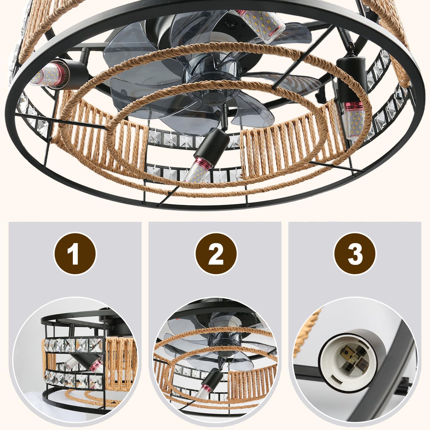 Ceiling Fans with Lights Flush Mount, 20 Inch Caged Low Profile Ceiling Fans with 3 Mode Lighting and Remote Control with E26 Bulbs for Bedroom, Nursery, Garage (Brown)