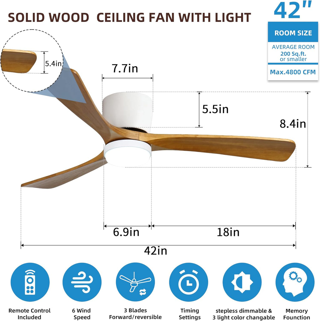 Ceiling Fans with Lights and Remote Control, 42 Inch Solid Wood Blade, Low Profile Flush Mount, LED Dimmable DC Reversible Modern Ceiling Fans with APP Control for Bedrooms, Living Rooms, Patio, White