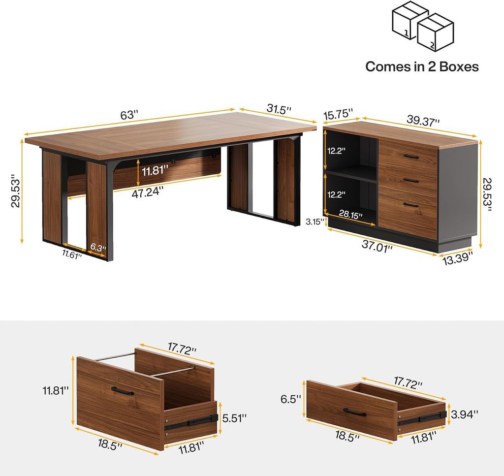 Tribesigns 63'' L-Shaped Executive Desk, Office Table with 39.37-Inch Drawers Cabinet, Large Computer Desk with Storage Shelves, Business Furniture Set for Home Office, Brown & Black