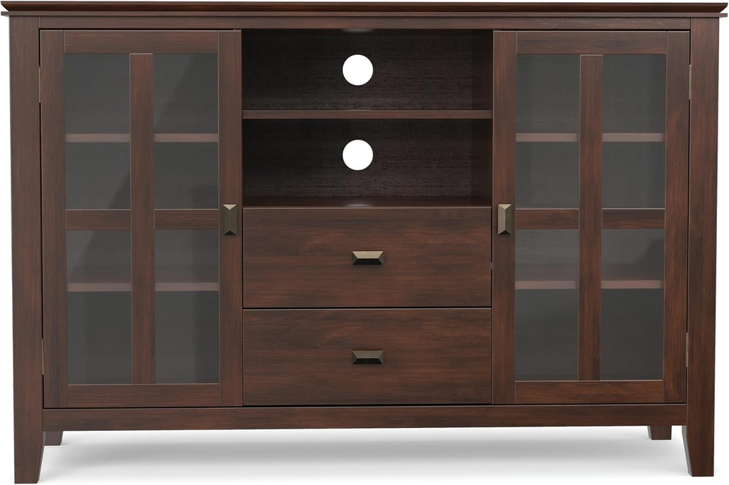 SIMPLIHOME Artisan TV Stand - 53 inch Wide Solid Wood Tall Media Console in Russet Brown, Contemporary Entertainment Center for Living Room for TVs up to 60 Inches with Drawers and Cable Management