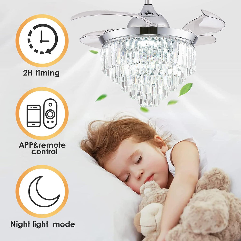 Finktonglan 36' Crystal Fandelier Ceiling Fan with Light, Retractable Blades, Dimmable 72W LED, Remote & App Control, Quiet Reversible Motor, 6 Speeds, Chrome Flush Mount for Bedroom/Living Room