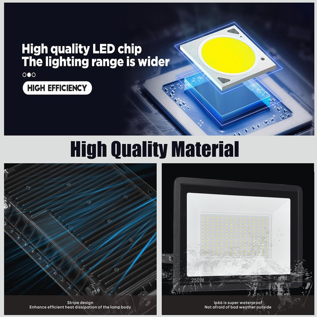 4Pack 250W LED Flood Light Outdoor,25500LM LED Work Light with US Plug,6000K Daylight White,IP67 Waterproof Outdoor Floodlights for Yard,Garden,Playground