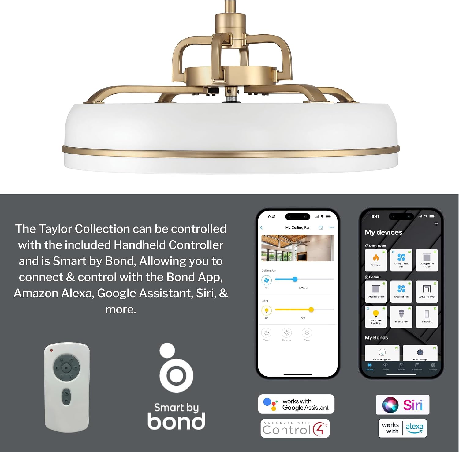 Craftmade TYL24WSB3-NWF Taylor 24 Inch 3 Blade Ceiling Fan | White and Satin Brass Finish with Clear Acrylic Blades | Integrated 1167 Lumens LED 3000K | Remote Included | DC Motor Indoor Fandelier