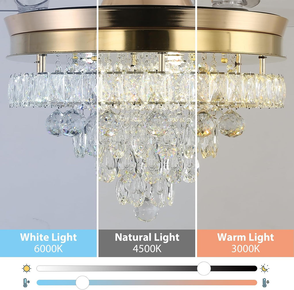 Finktonglan 42' Crystal Gold Flush Mount Ceiling Fan with Light, Retractable Blades Fandelier, Dimmable 60W LED, Remote & App Control, Quiet Reversible Motor, 6 Speeds for Bedroom/Living Room