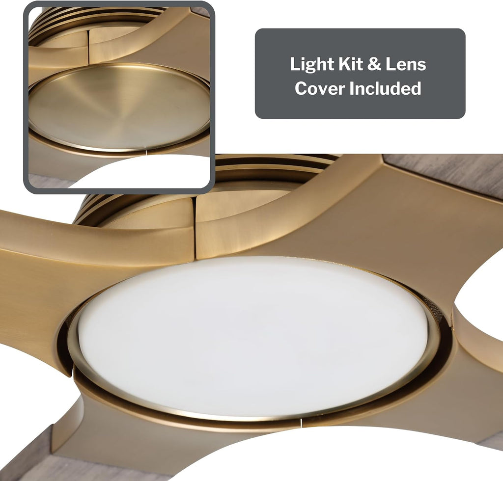 Craftmade RIC60SB4 | 60″ Satin Brass Ceiling Fan with Integrated LED Light (1005 Lumens, 3000K) | 4 or 2 - Blade Driftwood Finish | 6-Speed Reversible DC Motor | Dual-Mount Ceiling Fan | Indoor Use
