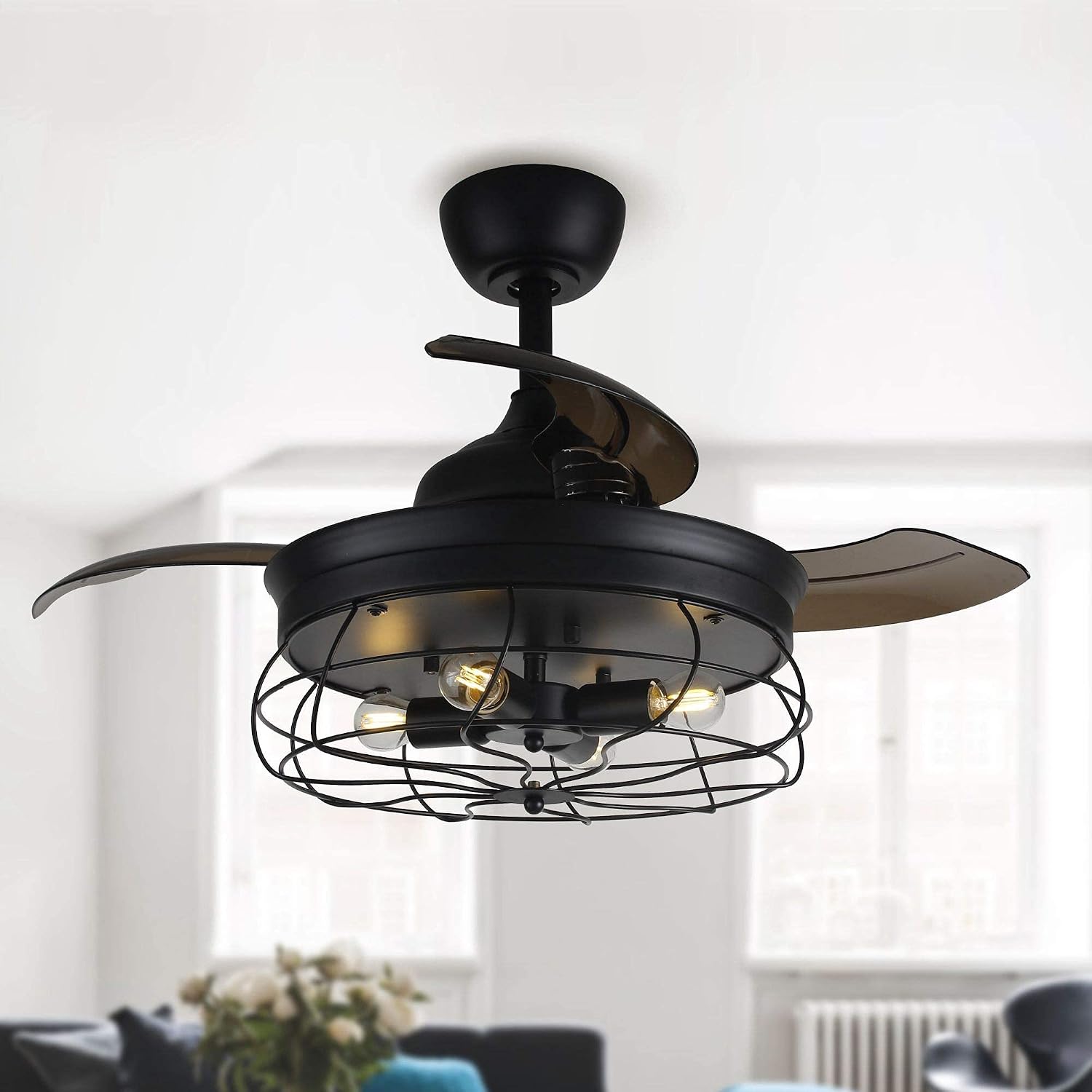 Parrot Uncle Ceiling Fans with Lights and Remote Black Bedroom Ceiling Fan with Light and Retractable Blades, 36 Inch