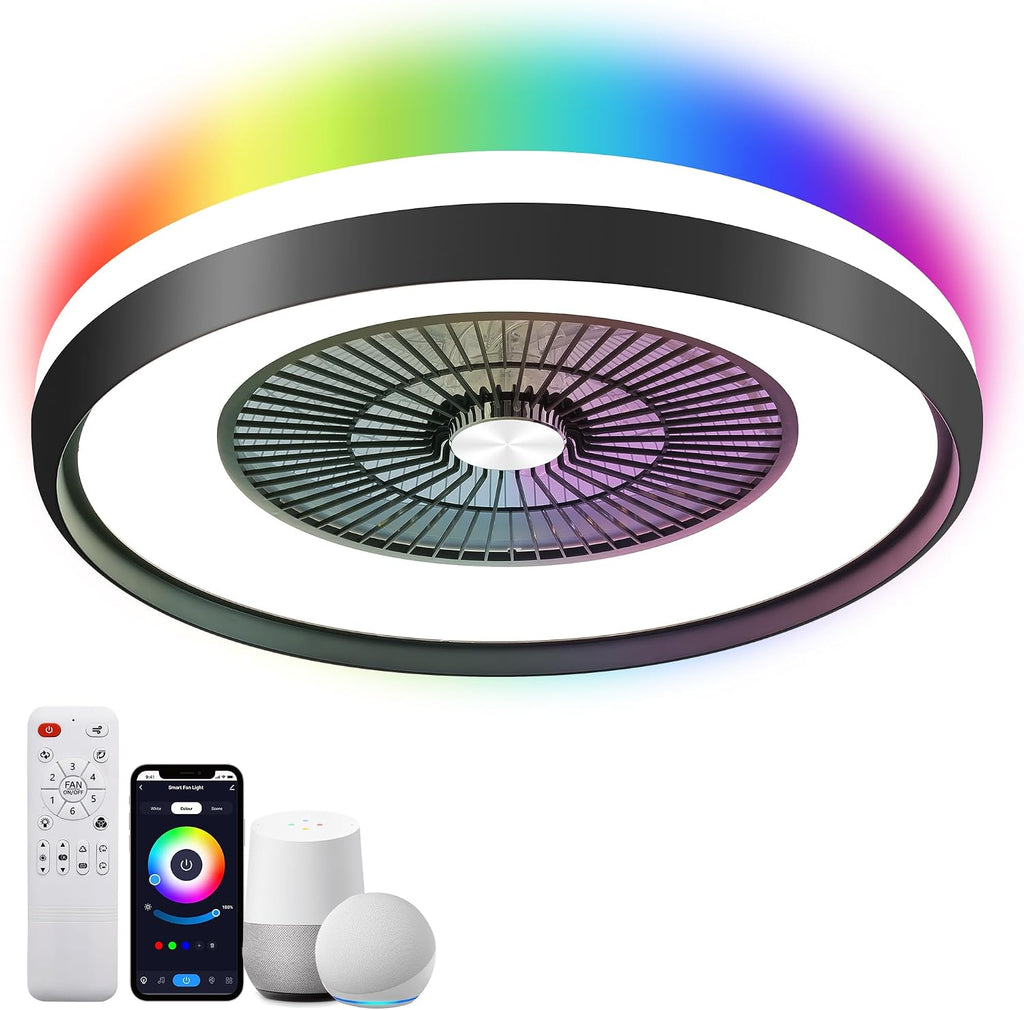 24' Low Profile Ceiling Fan with RGB Lights, Bladeless Ceiling Fan with Remote/APP/Voice Control, 6 Speeds Flush Mount