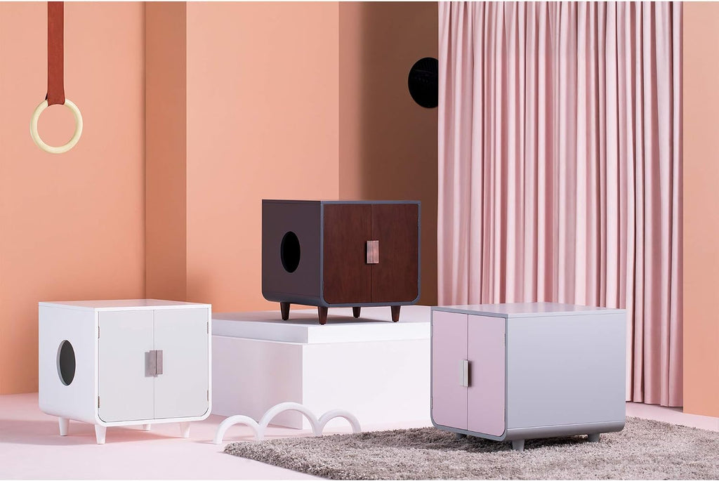 Staart Dyad Cat Litter Box Enclosure and Furniture Hidden Cat Home Side Table Nightstand Indoor Pet Crate Alpine White