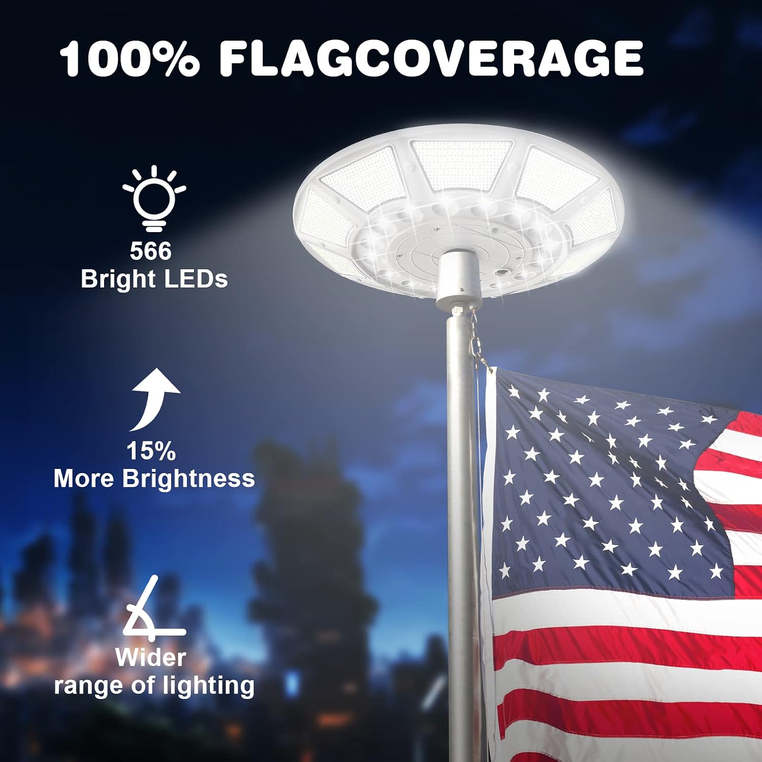 Flagpole Solar Light 6000 Lumens Brightest 566 LED Flag Pole Light Solar Powered with DC Charge Port Last Up to 20 Hrs Outdoor Dusk to Dawn IP67 Waterproof for Most 15 to 40ft Flag Poles
