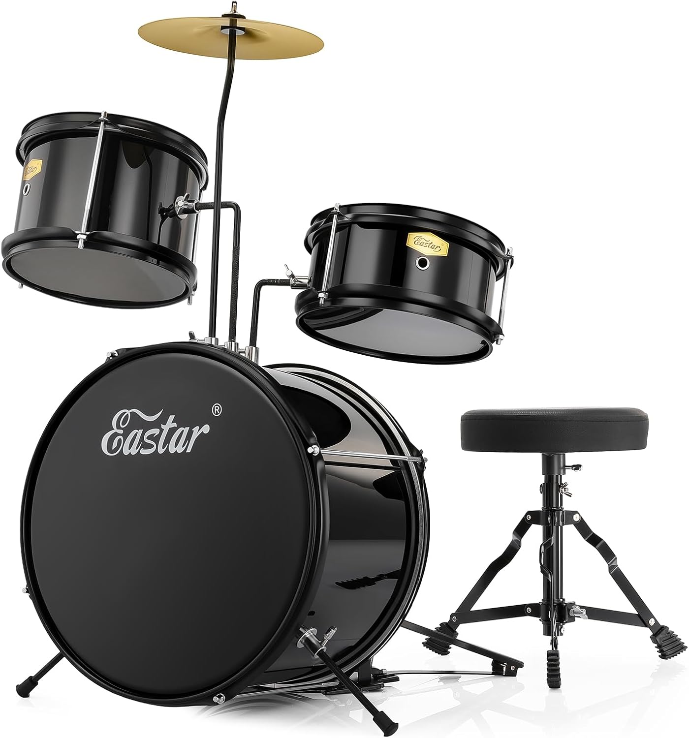 Eastar Drum Set 14'' for Kids Beginners,3 Piece with Bass Tom Snare Drum,Adjustable Throne, Cymbal, Pedal & Two Pairs of Drumsticks, Metallic All Black