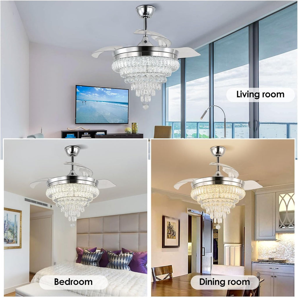 CLAIRDAI 42'' Crystal Ceiling Fan with Light, Dimmable LED Fandelier, Retractable Blades, Remote, 6-Speed Reversible, Flush Mount for Bedroom Living Room Dining Room