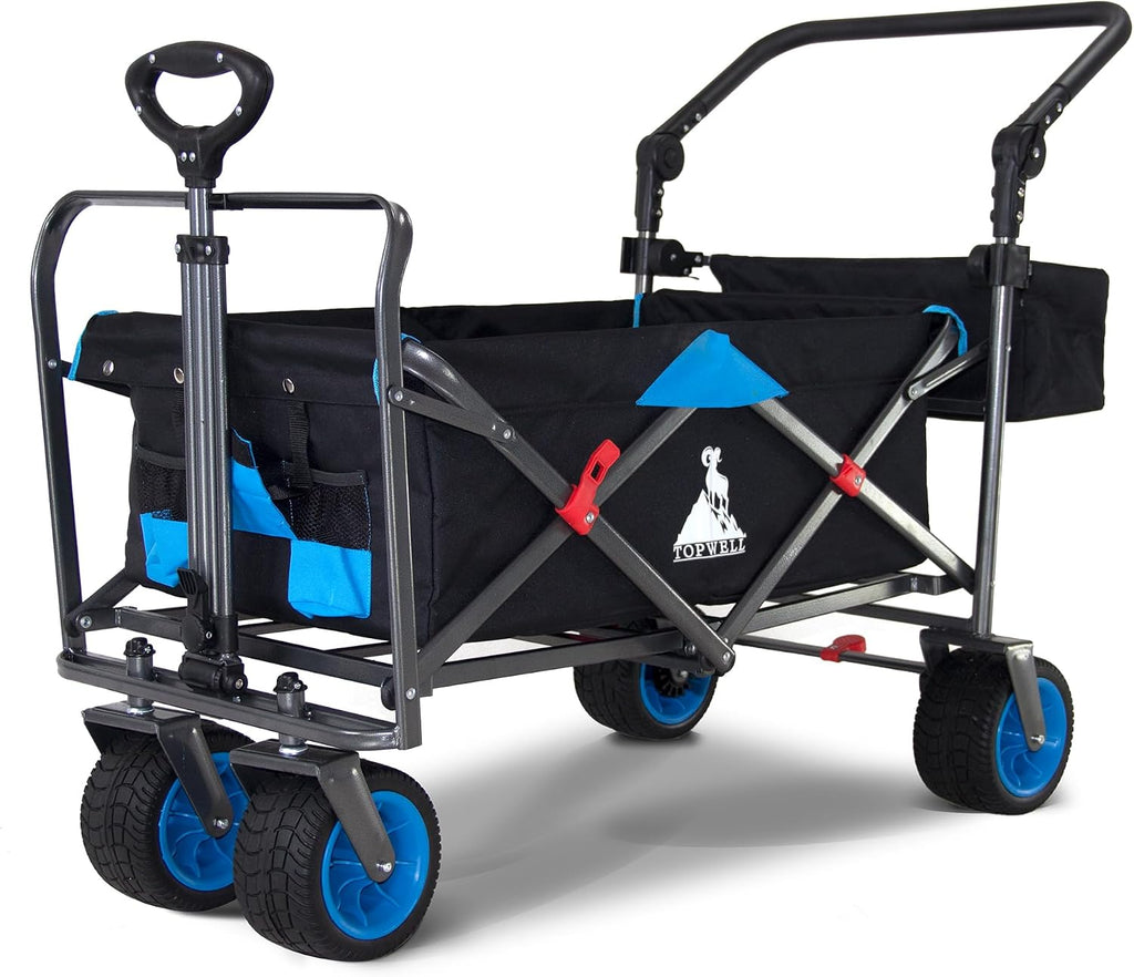 Folding Utility Wagon Heavy-Duty Collapsible Garden Cart with Brakes & Adjustable Handle & All Terrain Wheels for Gardening, Beach Trips,Outdoor Camping, Shopping (Black Blue)