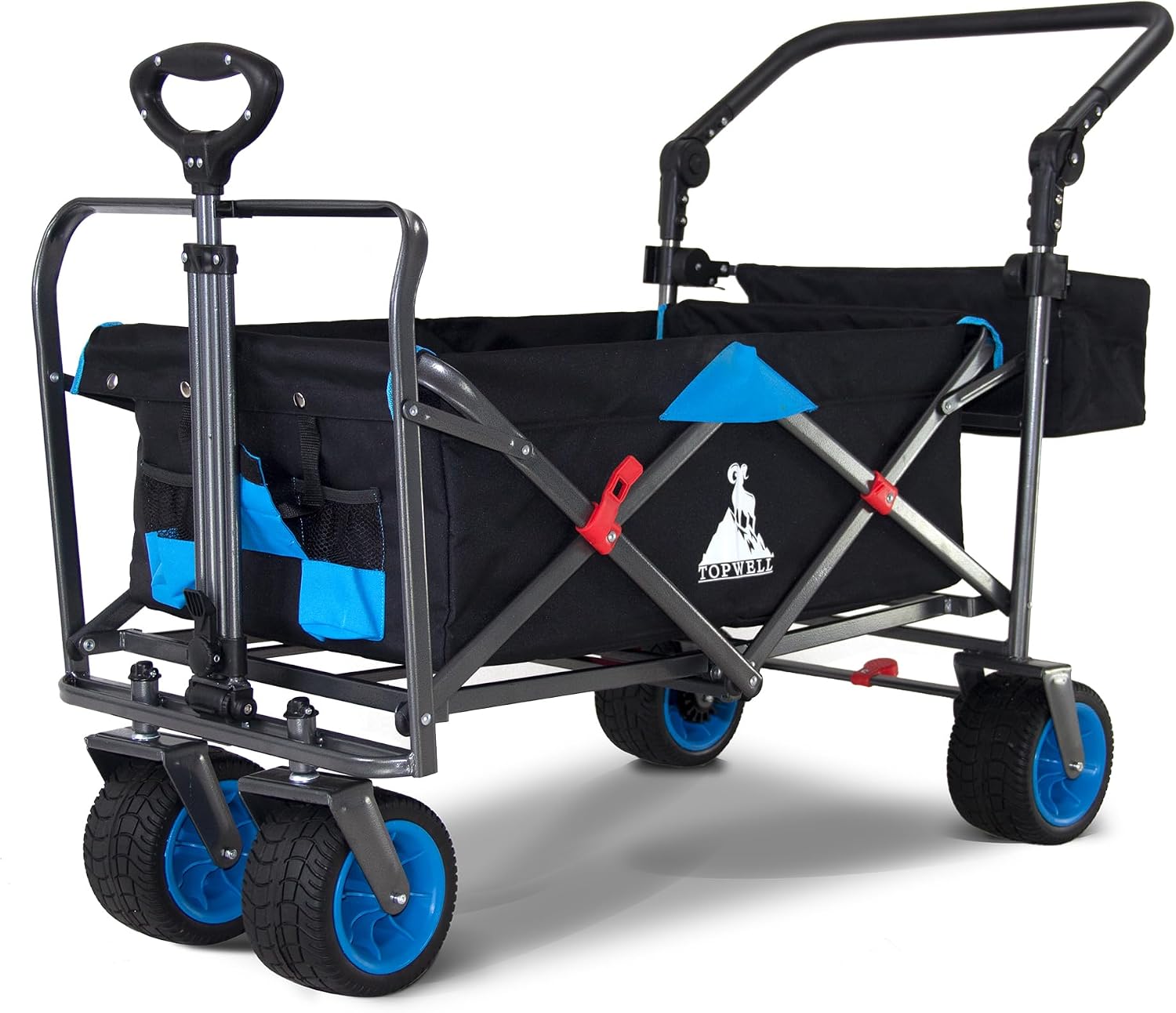 Folding Utility Wagon Heavy-Duty Collapsible Garden Cart with Brakes & Adjustable Handle & All Terrain Wheels for Gardening, Beach Trips,Outdoor Camping, Shopping (Black Blue)