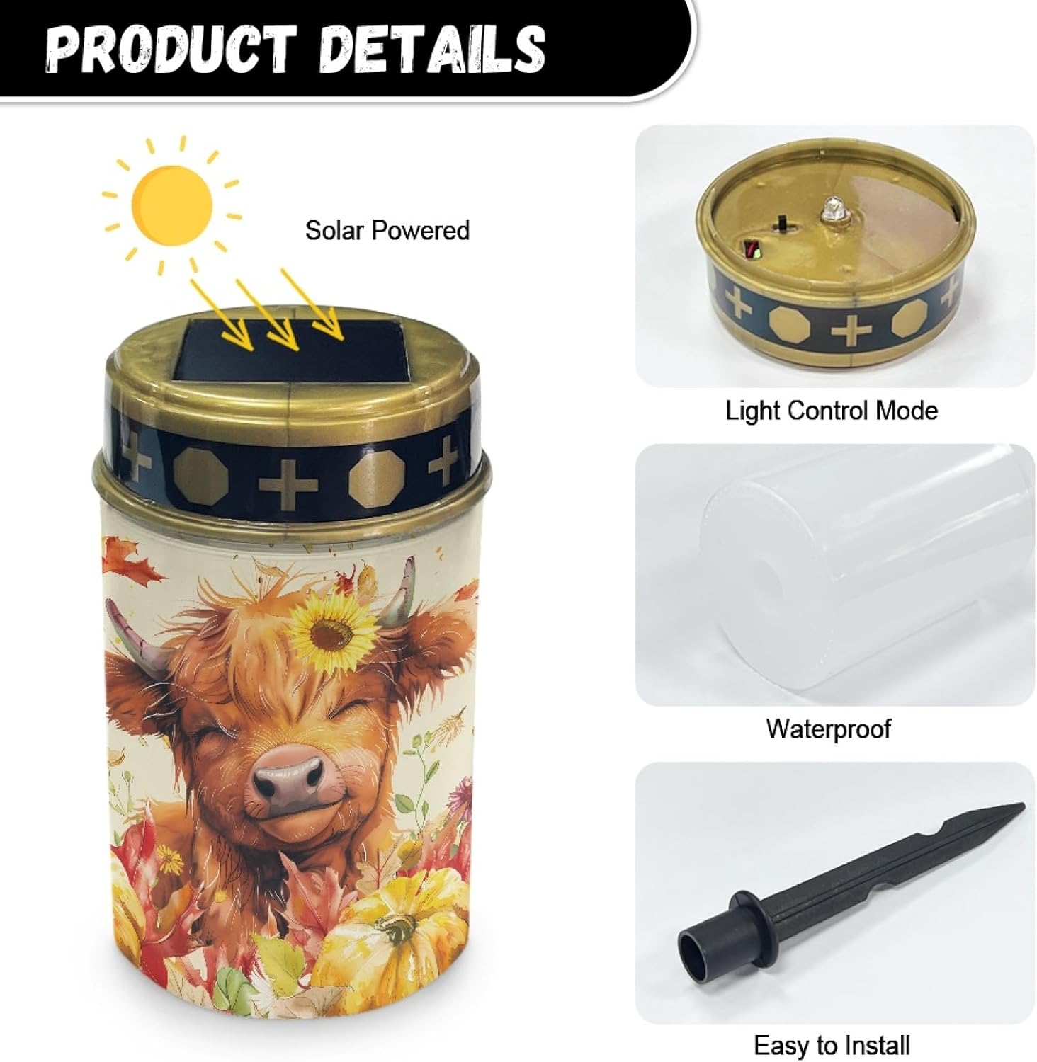 Sunflower Highland Cow Solar Lights Outdoor Waterproof Set of 10 Lights Garden Lantern for Yard Patio Walkway Thanksgiving Decor Solar Lights Wall Light Auto On/Off