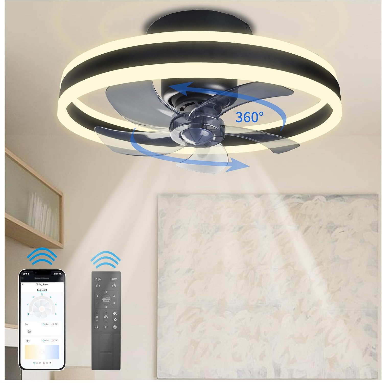 360° Oscillating Low Profile Ceiling Fan with Light, 20' Rotating Modern Flush Mount Ceiling Fan with Lights,LED 3000K-6500K Dimmable Quiet 6 Wind Speeds for Bedroom, Kitchen