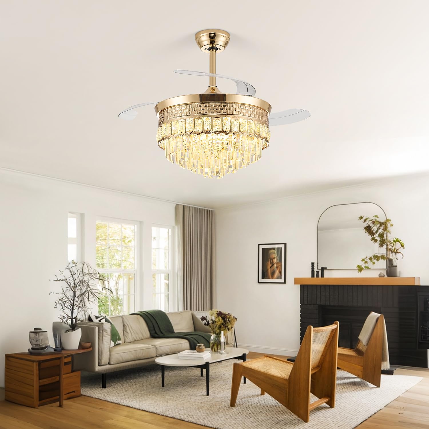 42' Fandelier Ceiling Fan with Light, Chandelier Ceiling Fans with Lights,Retractable Crystal Ceiling Fan for Bedroom Living Room,6 Wind Speed,3 Color Tempeature-Gold