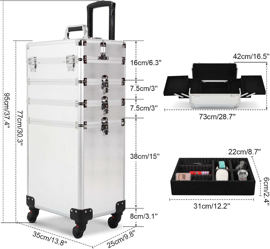 4 in 1 Rolling Makeup Train Case, Large Storage Cosmetic Trolley Makeup Travel Case with Key & Wheels Salon Barber Case Traveling Cart Trunk (SILVER)