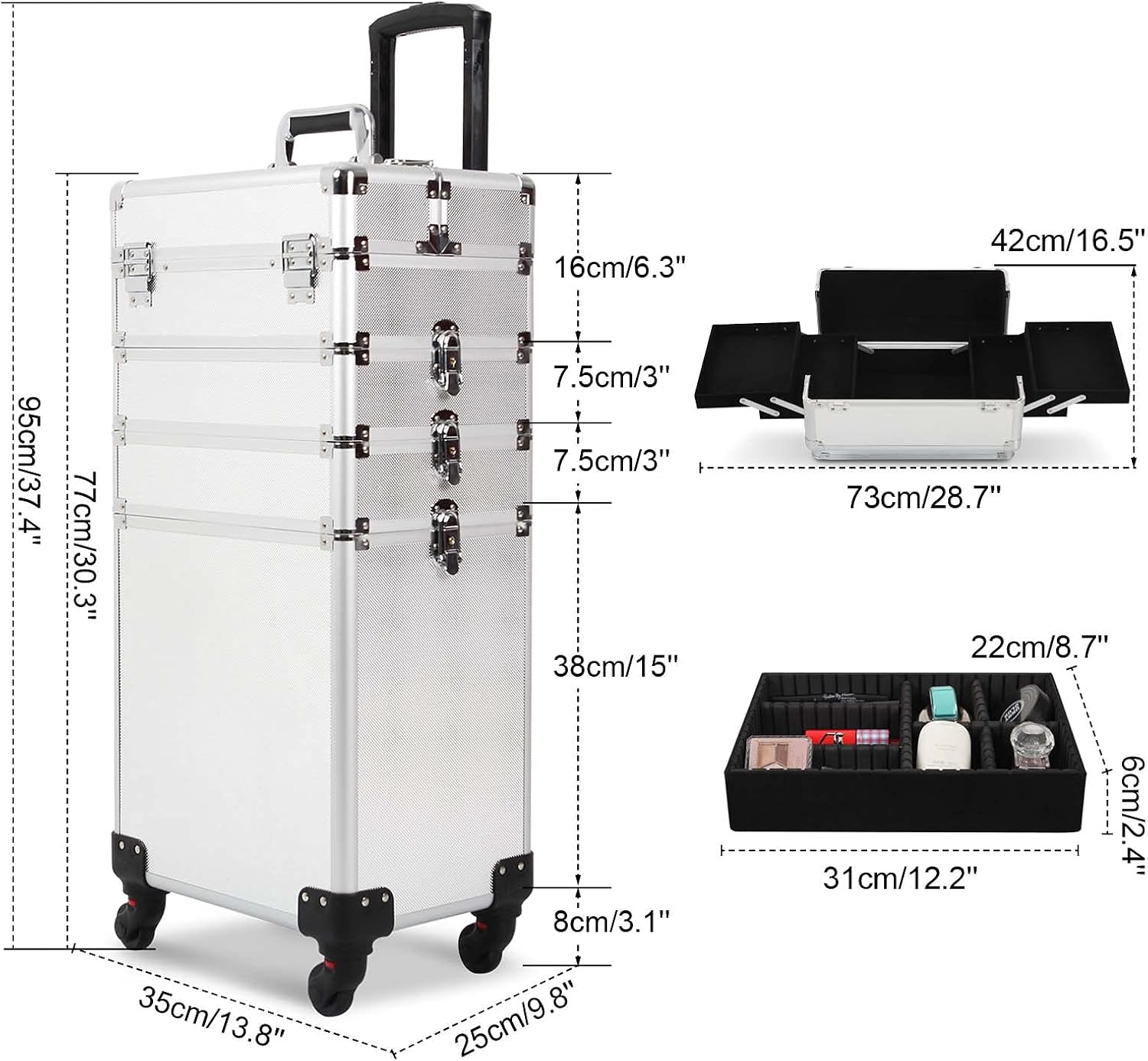 4 in 1 Rolling Makeup Train Case, Large Storage Cosmetic Trolley Makeup Travel Case with Key & Wheels Salon Barber Case Traveling Cart Trunk (SILVER)