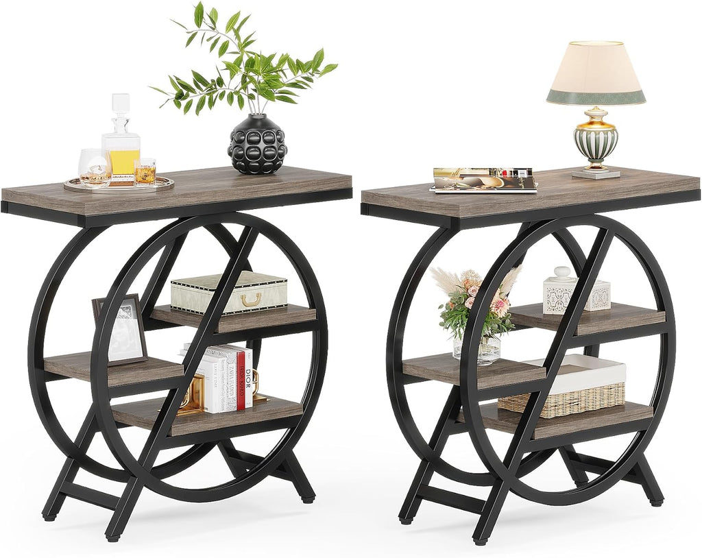LITTLE TREE End Table, Narrow Side Table with 4-Tier Large Storage Space, Modern Bedside Table for Living Room, Home Office, Bedroom, Set of 2, Grey