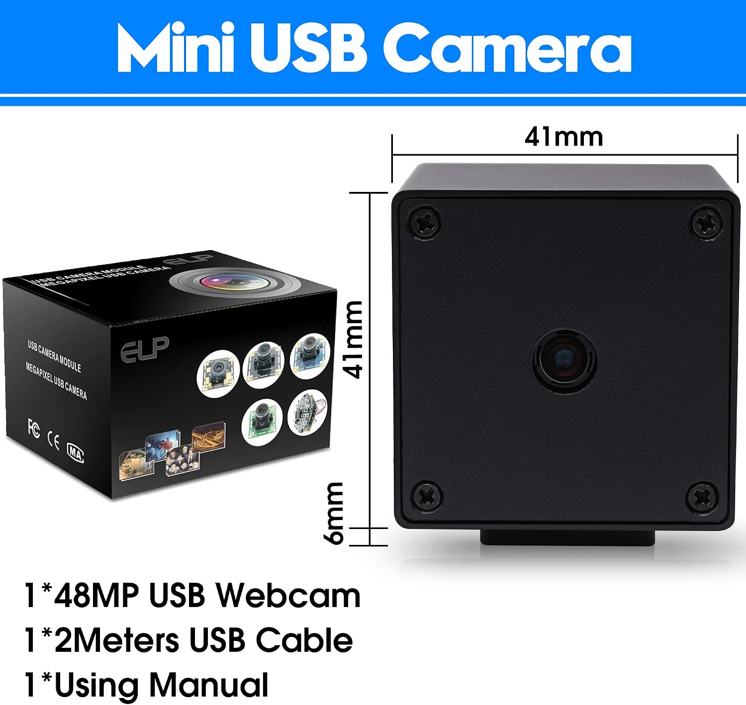 ELP 48MP Autofocus USB Camera with Metal Case for Computer Wide Angle 70degree No Distortion Lens Webcam Mini UVC USB2.0 PC Camera CCTV Video Industrial Lightburn Camera for Raspberry pi Jetson Nano
