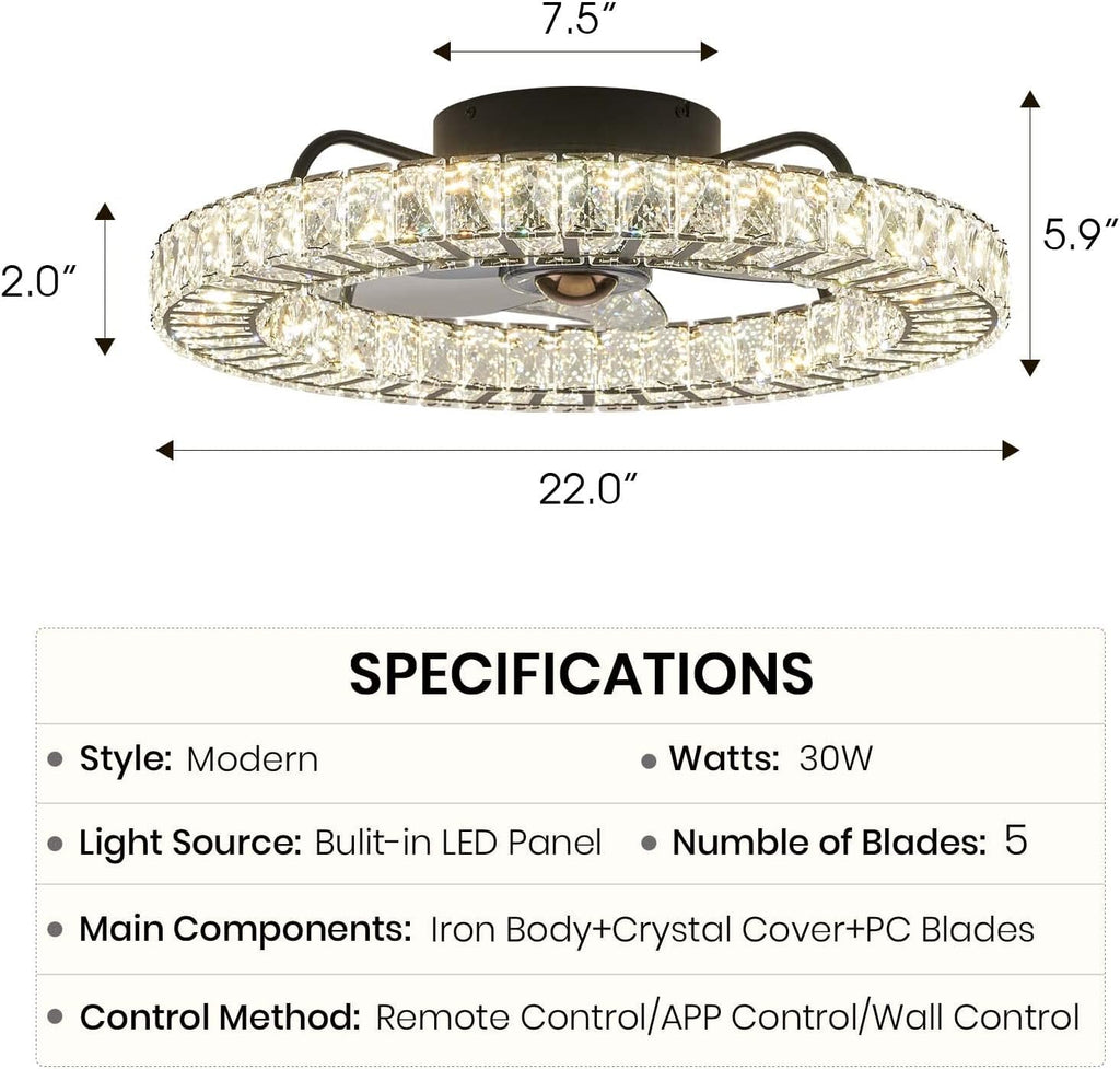 LUDOMIDE Flush Mount Ceiling Fan with Light, 22' Modern Crystal Chandelier Ceiling Fan with Smart 4-Light Color Change, Dimmable LED Ceiling Fan, 6 Wind Speeds, Low Profile Ceiling Fan for Bedroom
