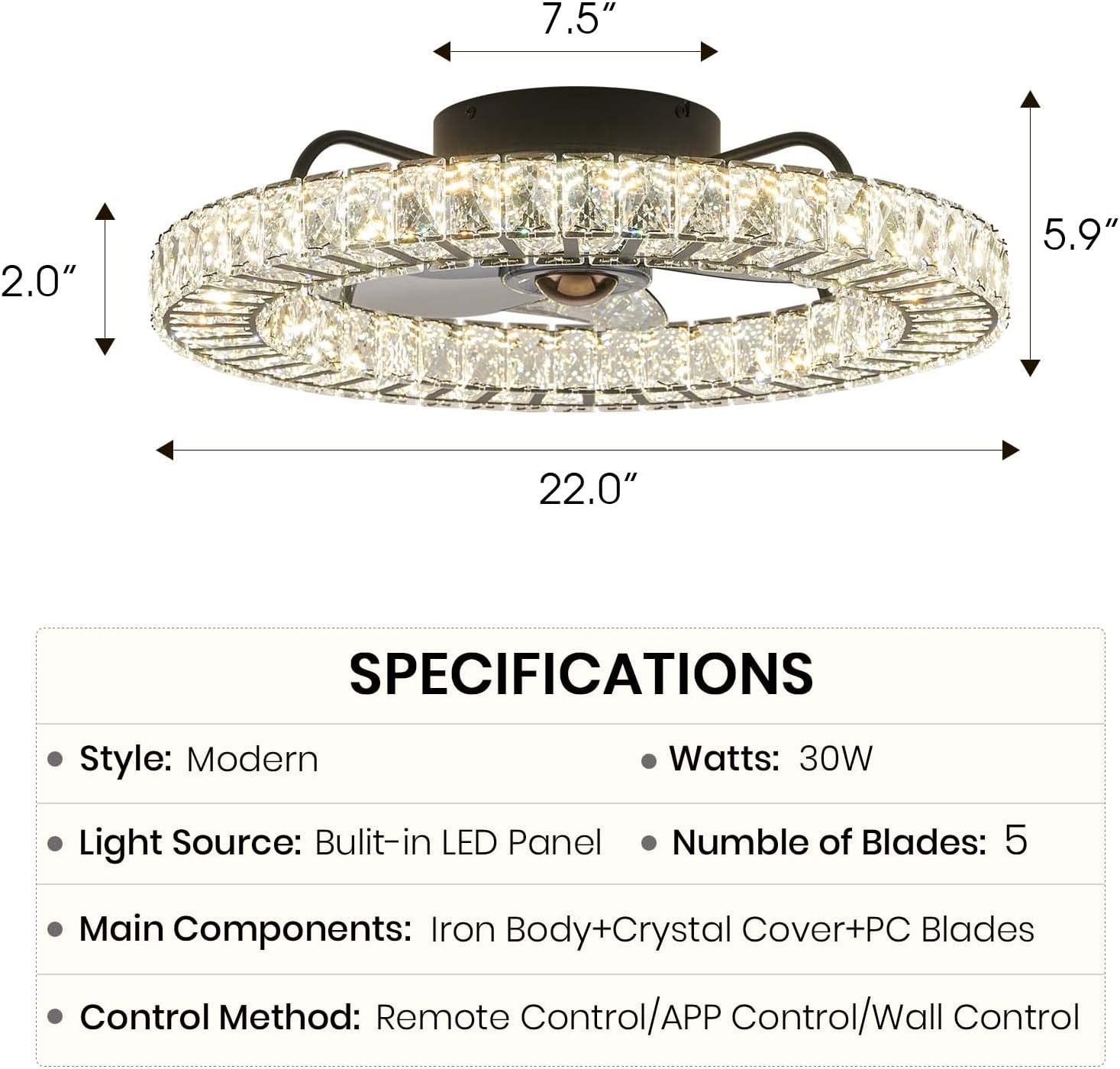 LUDOMIDE Flush Mount Ceiling Fan with Light, 22' Modern Crystal Chandelier Ceiling Fan with Smart 4-Light Color Change, Dimmable LED Ceiling Fan, 6 Wind Speeds, Low Profile Ceiling Fan for Bedroom