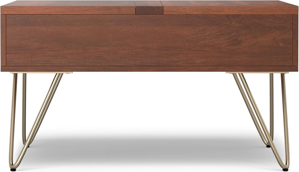 SIMPLIHOME Hunter Lift Top Coffee Table - 32 inch Wide Solid Mango Wood Industrial Square Cocktail Table in Umber Brown, Living Room Table with Dual Lift Tops, Hidden Storage and Gold Hairpin Legs