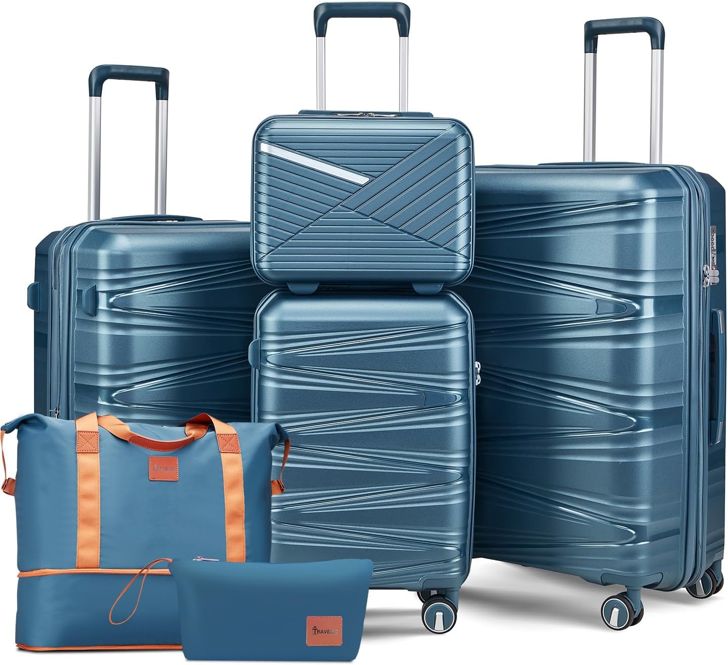 TRAVELEO 6 Piece Luggage Set Hardshell, Expandable Suitcase Set with Spinner Wheels (20/24/28), Includes 14' Cosmetic Case, Travel Duffel & Toiletry Bag, Lightweight TSA Lock Nested Set (Peacock Blue)