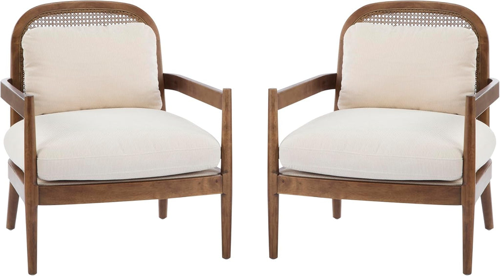 Christopher Knight Home Nadine Wooden Club Chairs Set of 2, Club Chair, Rattan Open Back Armchair, Accent Reading Sofa Chair with Cushions, Accent Chairs Set for Living Room Bedroom, Beige Stripe