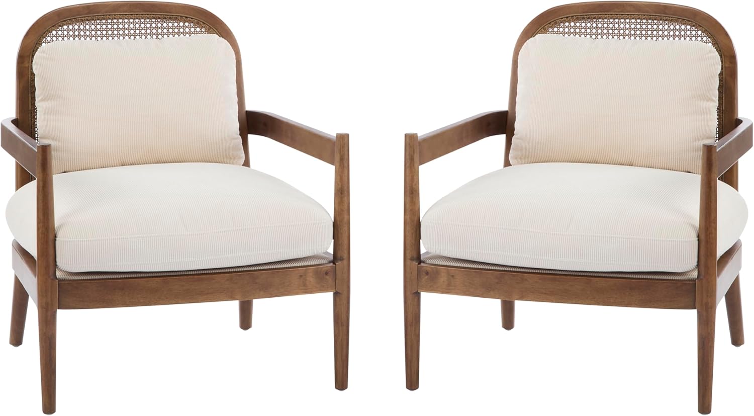 Christopher Knight Home Nadine Wooden Club Chairs Set of 2, Club Chair, Rattan Open Back Armchair, Accent Reading Sofa Chair with Cushions, Accent Chairs Set for Living Room Bedroom, Beige Stripe