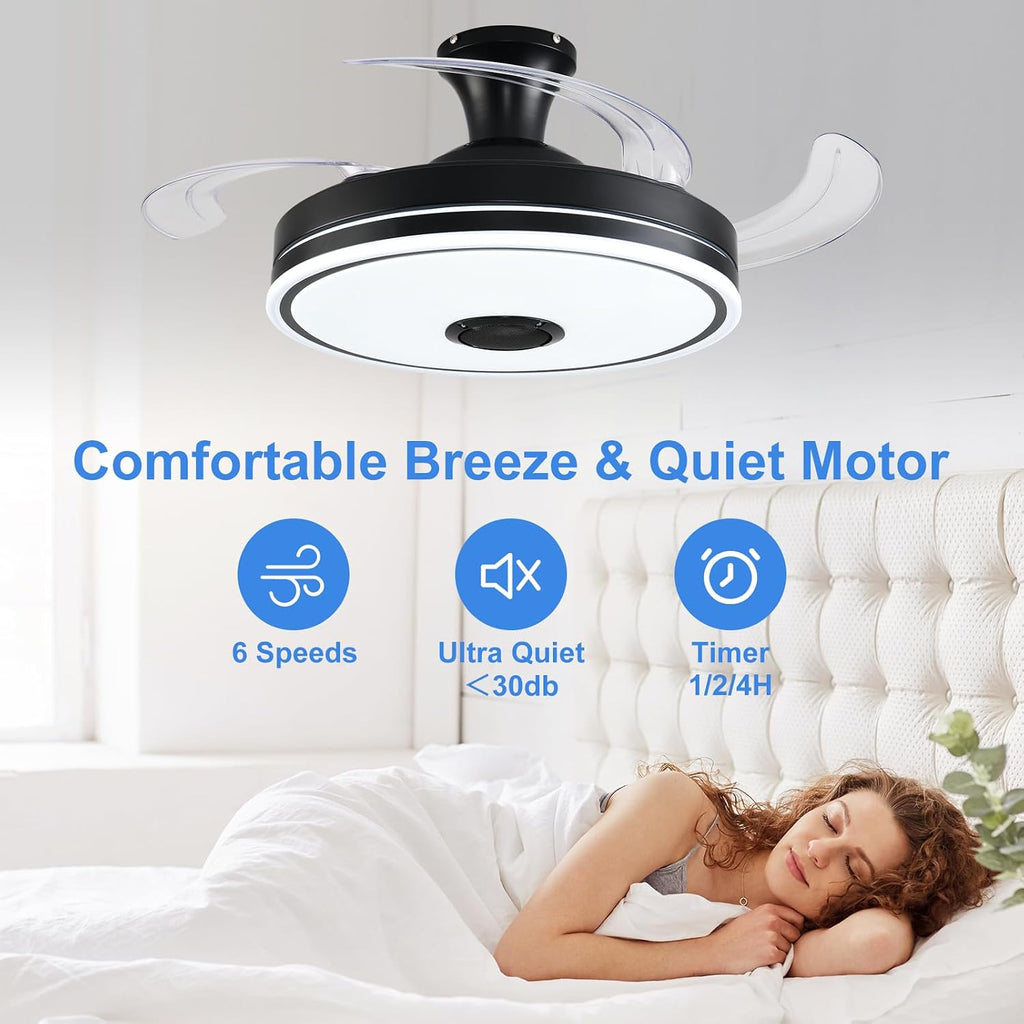 42'' Retractable Ceiling Fan with Lights, Smart Ceiling Fan Light with Bluetooth Speaker, App Control for Dimming & RGB Color Change Reversible Bedroom Living Room