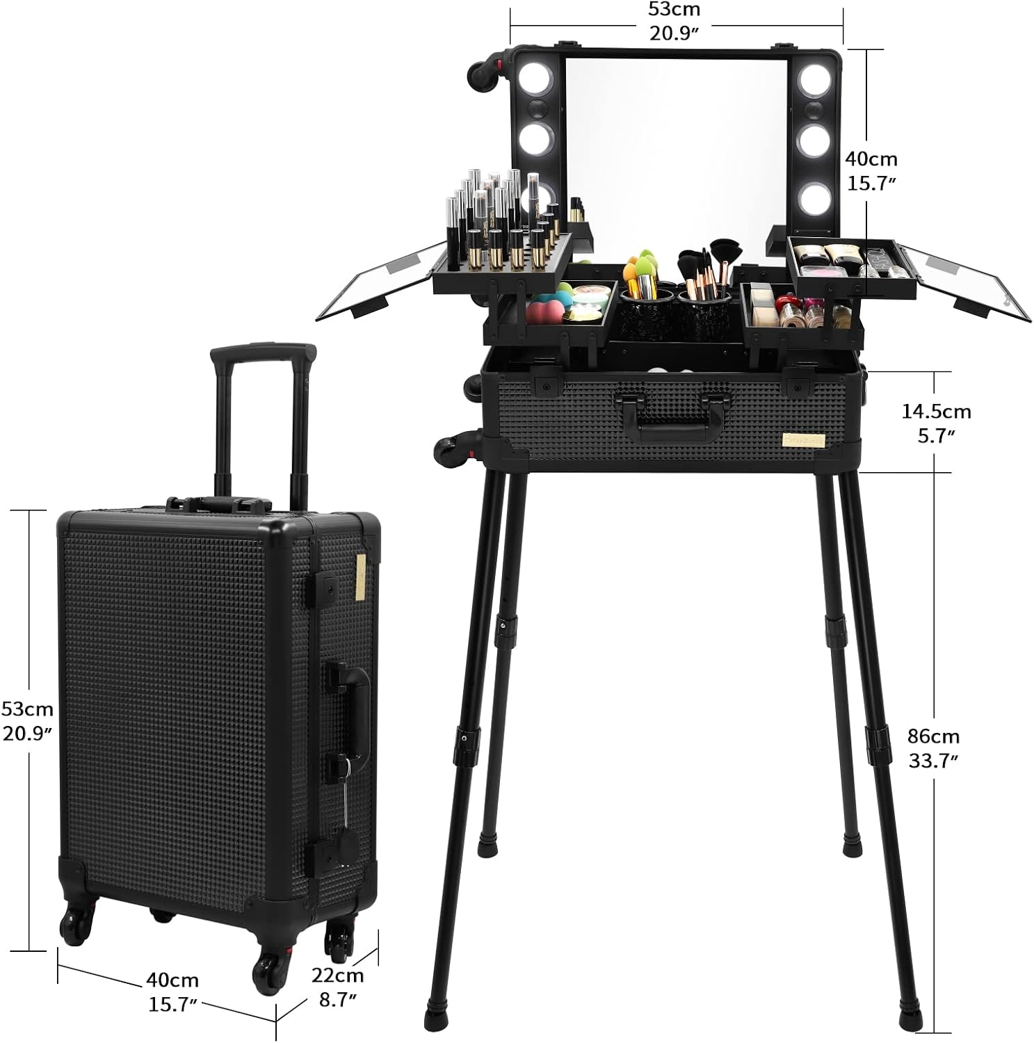 Aluminum Trolley Makeup Train Case with LED Lights Professional Cosmetic Organizer Studio with Speaker, Wheels and Stands Rolling Lighted Makeup Vanity Station for Travel (Black)