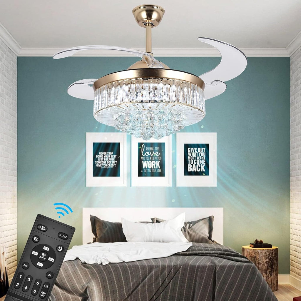 42in Crystal Ceiling Fan with Remote, Gold Fandelier Ceiling Fan with Light, 3 Speeds 3 Colors Changes Lighting Fixture, 4 Blades Retractable Chandelier Fan for Bedroom Living Room Dining Room