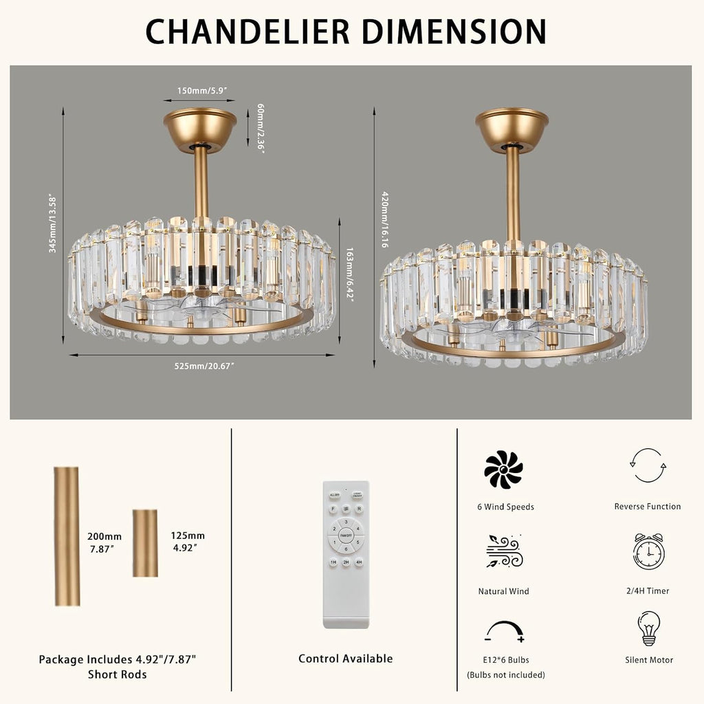 FRIXCHUR Gold Crystal Fandelier Ceiling Fan with Lights Remote 20.7 Inch Modern Chandelier Fan 6 Speeds Timer Reversible Flush Mount for Dining Bedroom Living Room Kitchen, 6 x E12 Bulbs Not Included
