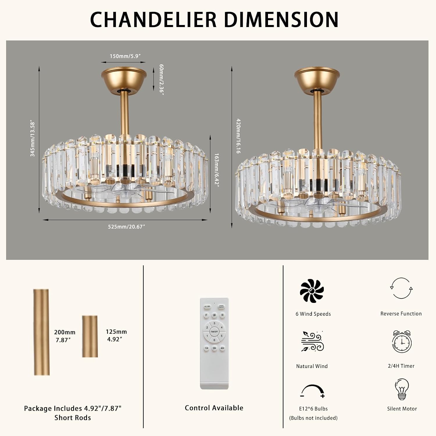 FRIXCHUR Gold Crystal Fandelier Ceiling Fan with Lights Remote 20.7 Inch Modern Chandelier Fan 6 Speeds Timer Reversible Flush Mount for Dining Bedroom Living Room Kitchen, 6 x E12 Bulbs Not Included