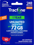 Tracfone $240 Unlimited Talk & Text, 72 GB of Data / 365 Days (Physical Card)