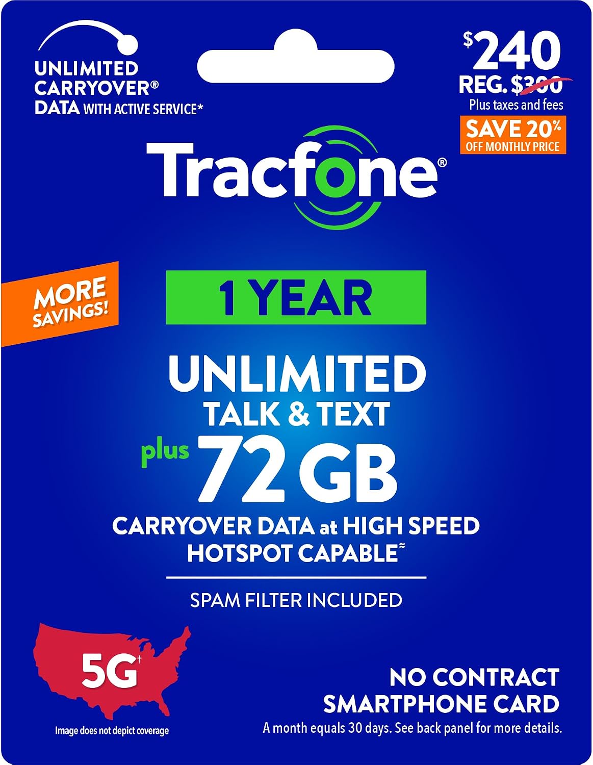 Tracfone $240 Unlimited Talk & Text, 72 GB of Data / 365 Days (Physical Card)