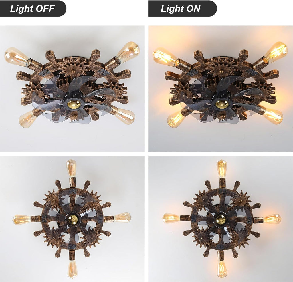 18.9' Vintage Industrial Small Ceiling Fans with Lights and Remote,Wooden Rudder Low Profile Fandelier Ceiling Fan with Light,Flush Mount Bladeless Ceiling Fan for Kitchen,Bedroom,Cafe Bar