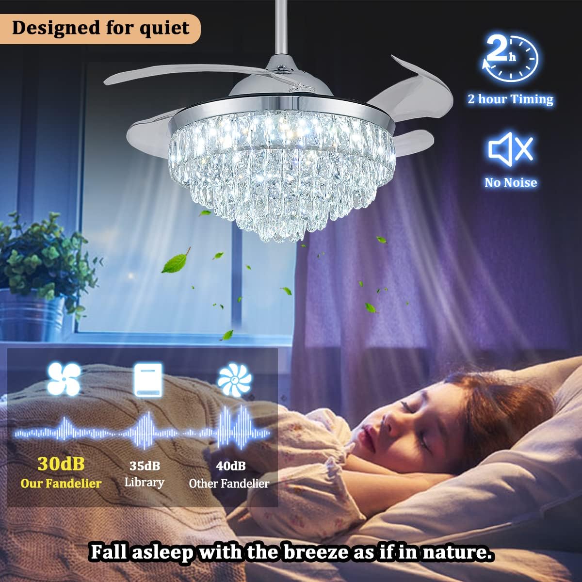 CLAIRDAI 42'' Modern Crystal Fandelier Ceiling Fan with Lights, Dimmable LED Chandelier Fan, Retractable Blades, Remote Control, 6-Speed Quiet Motor with Timer for Bedroom Living Room Dining Room