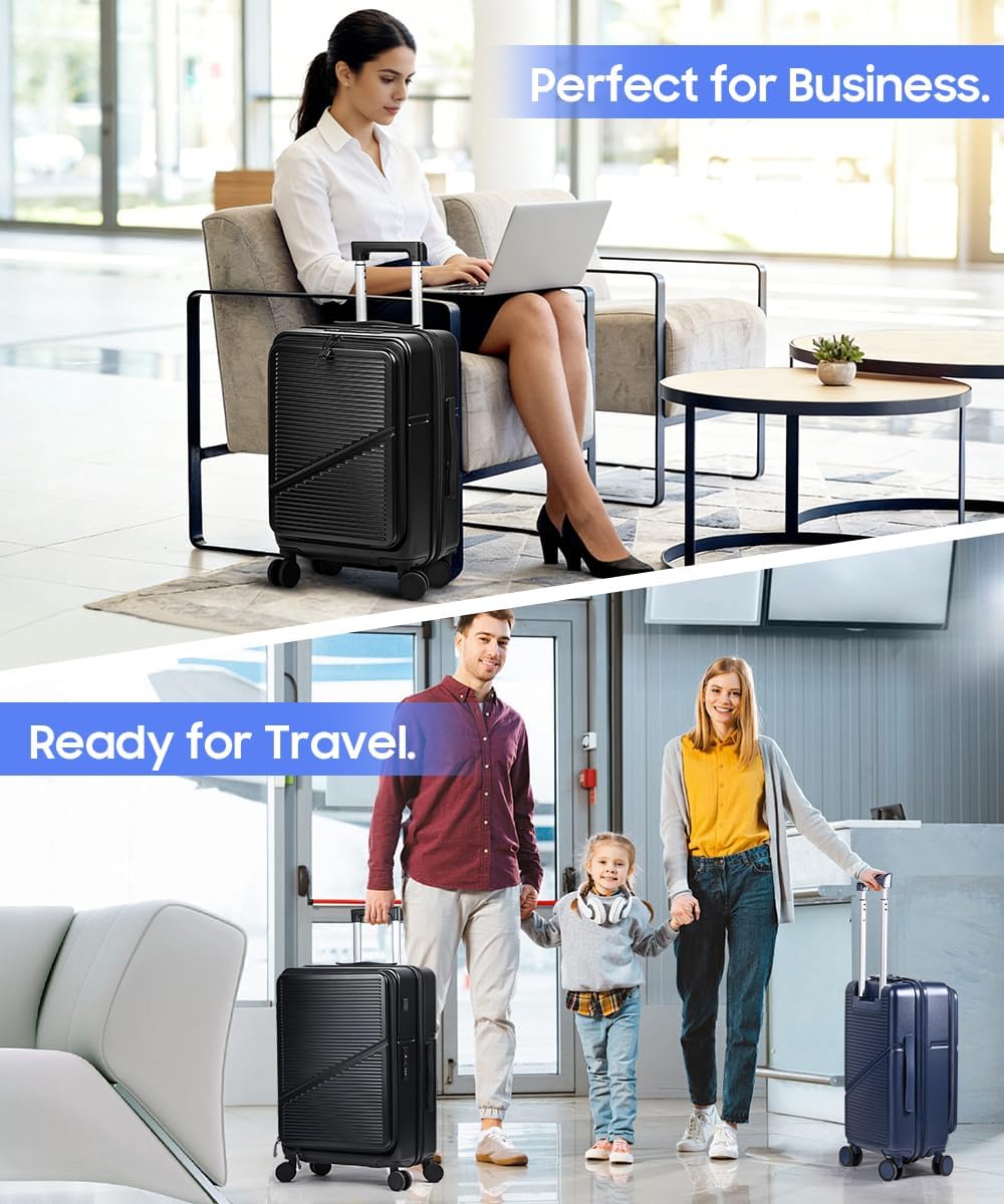 Hard Shell Luggage Set 4 Piece with Spinner Wheels, 20/24/28 Inch Suitcases with TSA Lock, 20in Carry On with Front Laptop Pocket & USB Port, Travel Suitcase Set with Cosmetic Case